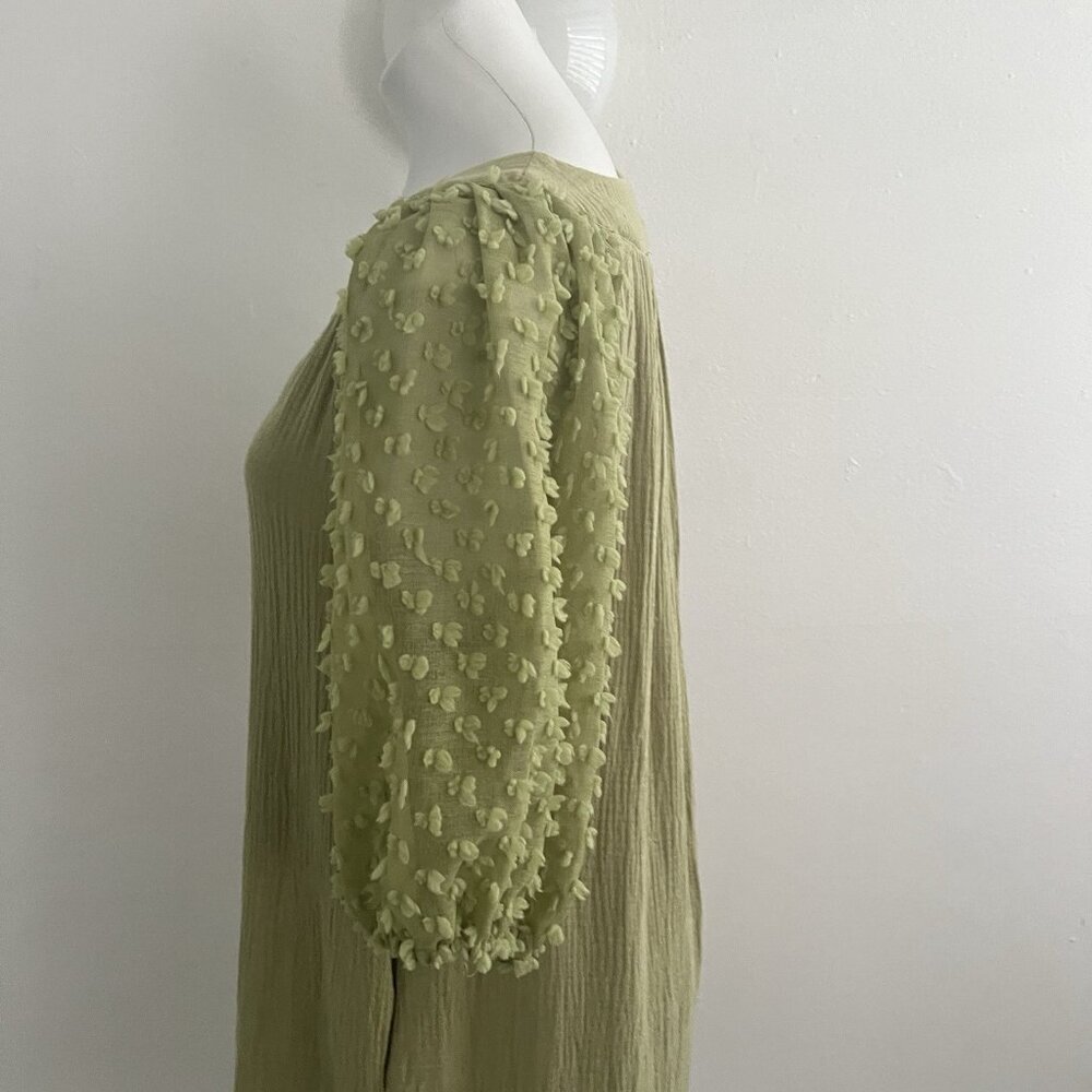 NEW Umgee Olive Green Mini Dress Puff Sleeve Swiss Dot MEDIUM Boho - Picture 11 of 15